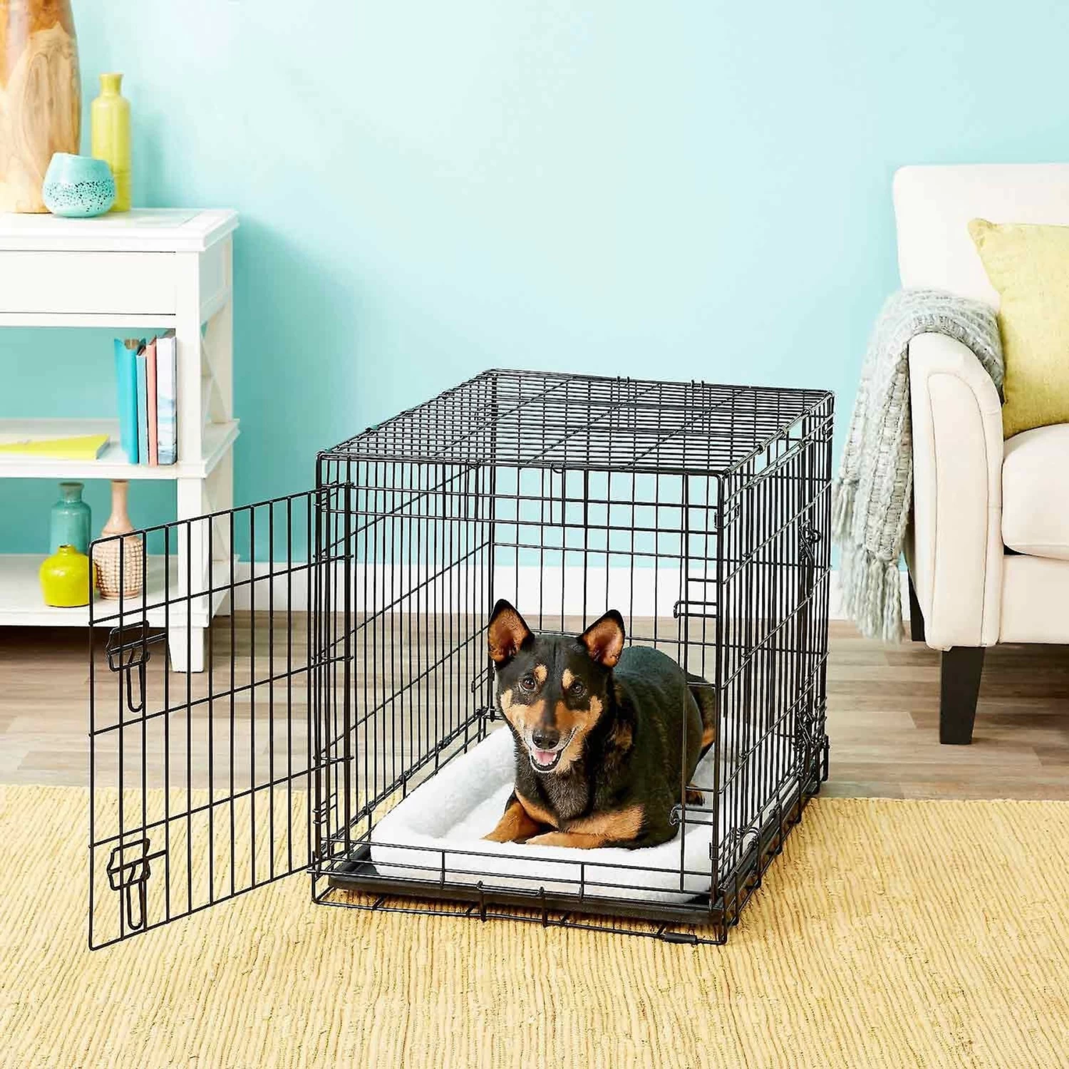 Frisco Heavy Duty Fold & Carry Double Door Collapsible Wire Dog Crate & Frisco Micro Terry Dog Crate Mat - Image 3
