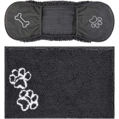 Frisco Microfiber Chenille Shammy Towel & Frisco Microfiber Chenille Paw Print Dog & Cat Mat, Dark Gray