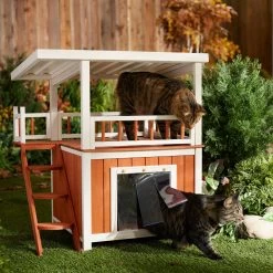 Frisco Outdoor Wooden Cat House With Balcony & Step Ladder
