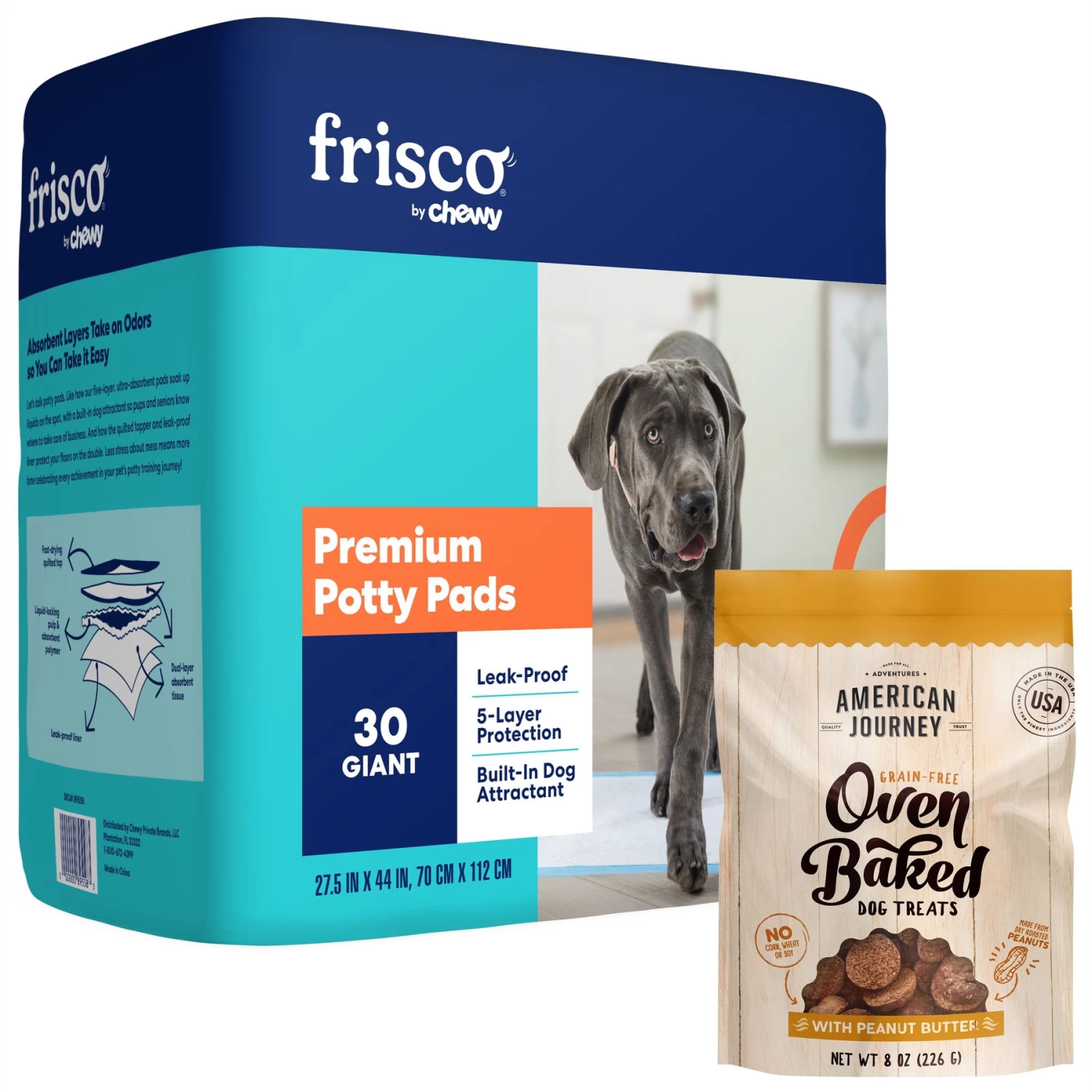 Frisco Premium Giant Dog Training & Potty Pads & American Journey Peanut Butter Recipe Grain-Free Oven Baked Crunchy Biscuit Dog Treats