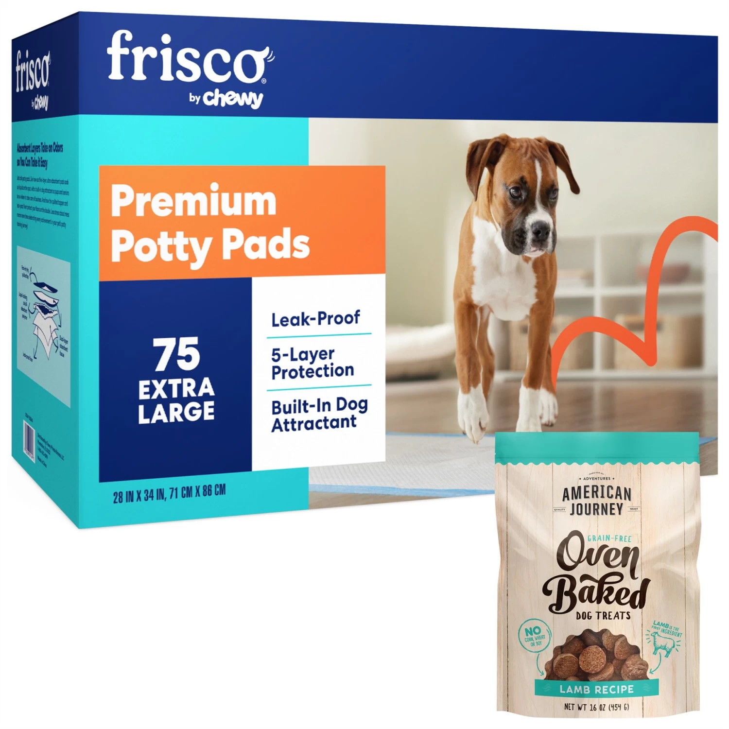 Frisco Premium Extra Large Dog Training & Potty Pads & American Journey Lamb Recipe Grain-Free Oven Baked Crunchy Biscuit Dog Treats