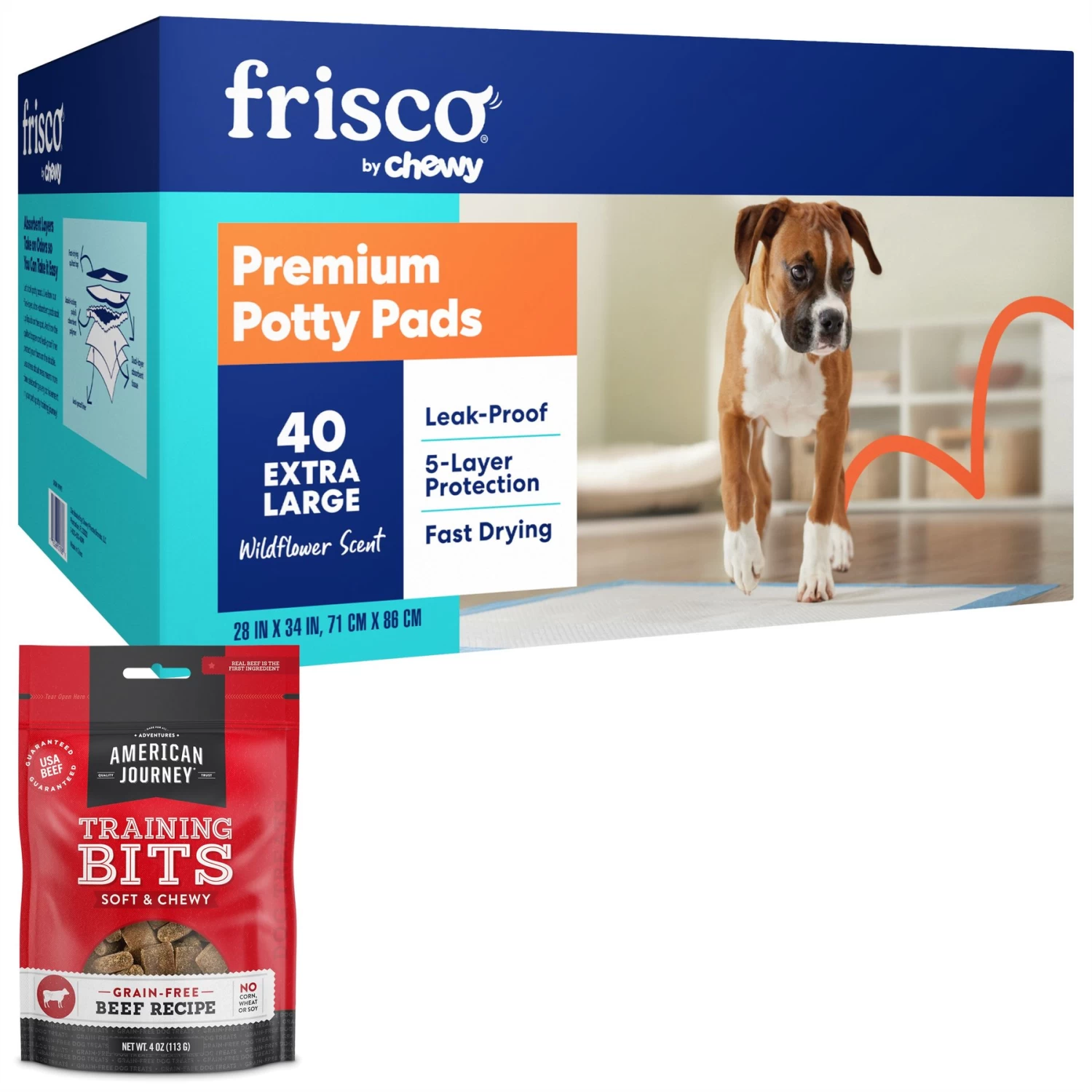Frisco Premium Extra Large Dog Training & Potty Pads & American Journey Beef Recipe Grain-Free Soft & Chewy Training Bits Dog Treats