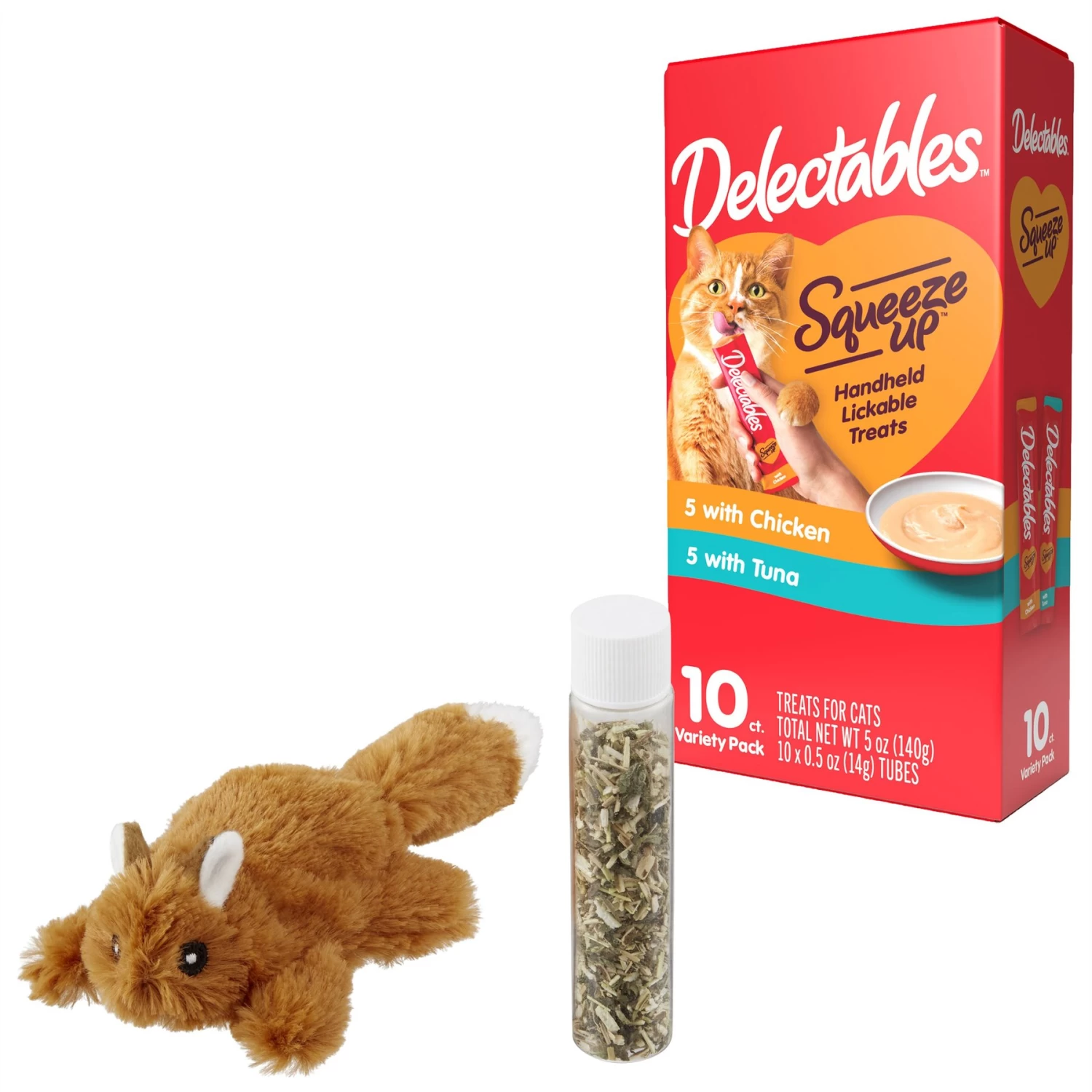 Hartz Delectables Squeeze Up Variety Pack Lickable Cat Treats & Frisco Squirrel Plush Cat Toy With Refillable Catnip