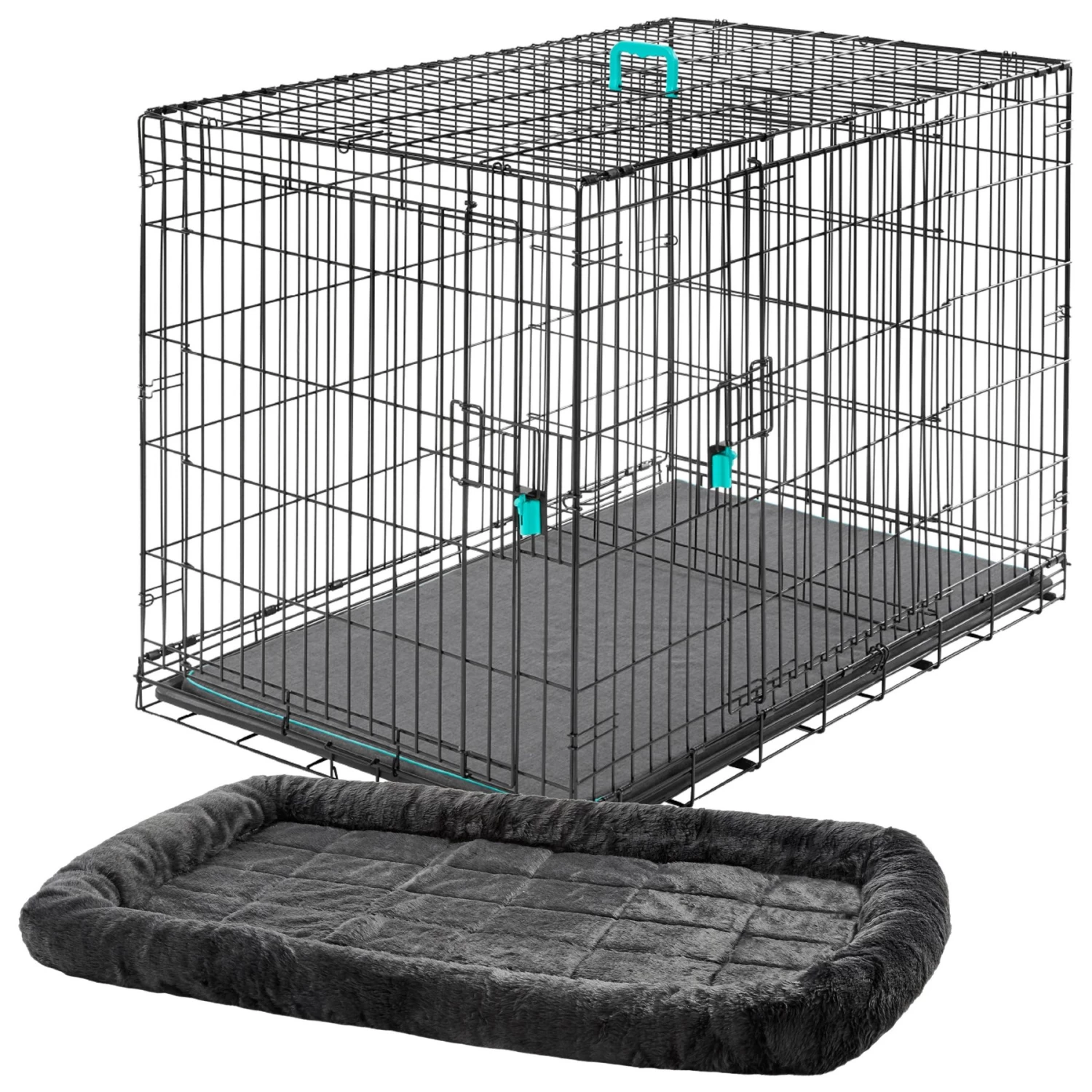 Frisco Heavy Duty Enhanced Lock Double Door Fold & Carry Wire Dog Crate & Mat Kit & MidWest Quiet Time Fleece Dog Crate Mat