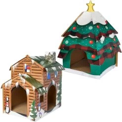 Frisco Holiday Log Cabin Cardboard Cat House & Frisco Holiday Christmas Tree Cardboard Cat House